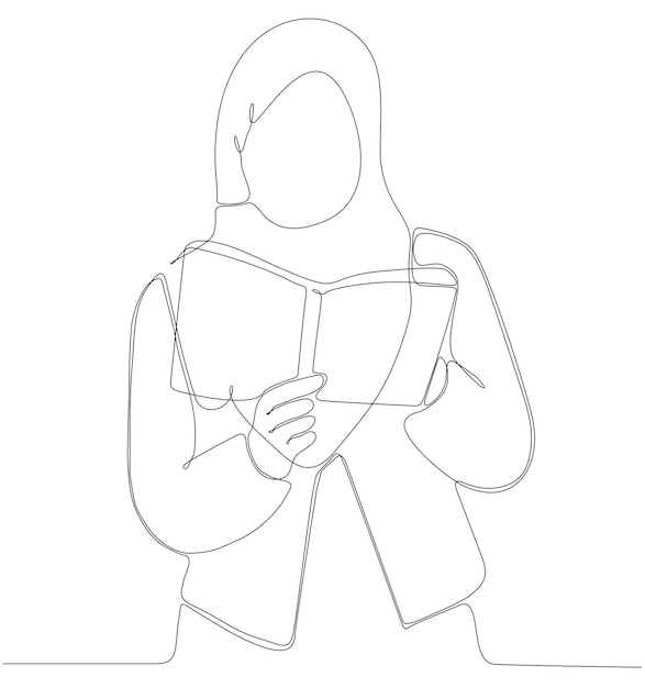 Disegno a tratteggio continuo donna hijab che legge un libro