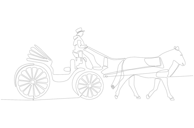 Vector continuous line drawing of horse carriage and charioteer vector illustration premium vector