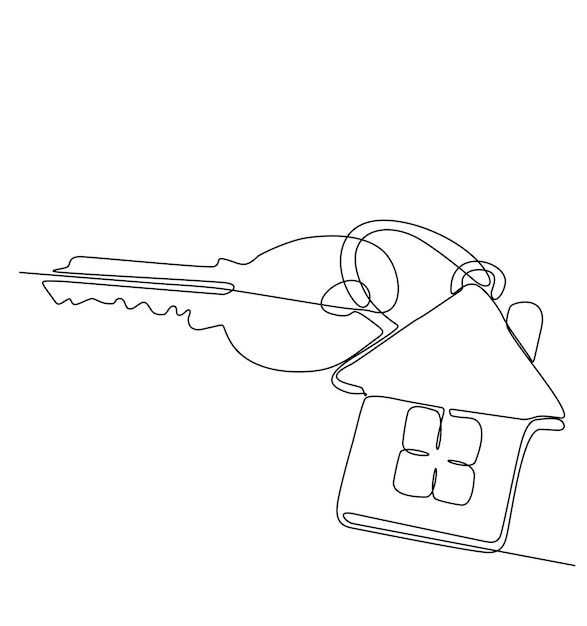 continuous line drawing of house key with house shaped keychain