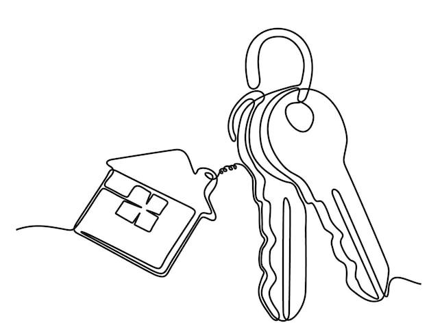 continuous line drawing of House keys with house shaped keychain Real estate concept