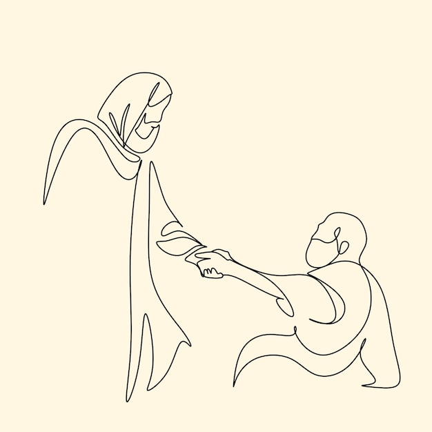 Vettore disegno a linee continue dello stile lineare di gesù cristo e scena cristiana biblica disegnata a mano del figlio o