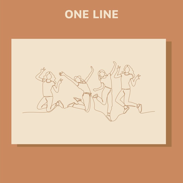 continuous line drawing of jumping happy team members.