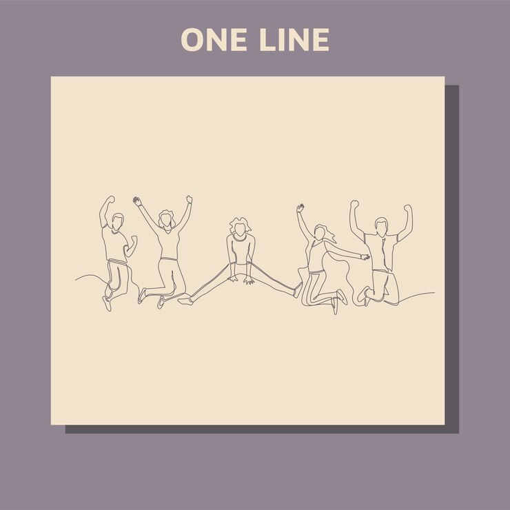 continuous line drawing of jumping happy team members