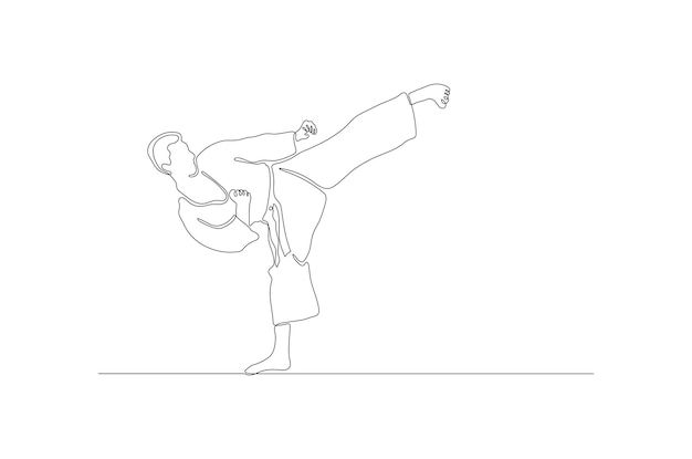 Vettore disegno a tratteggio continuo di un giocatore di karate isolato su un'illustrazione bianca dello sfondo vecto premium