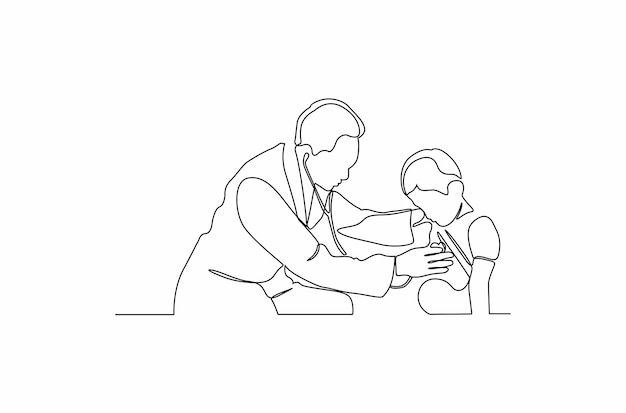 Continuous line drawing a kid are checking by doctor vector illustration Premium Vector