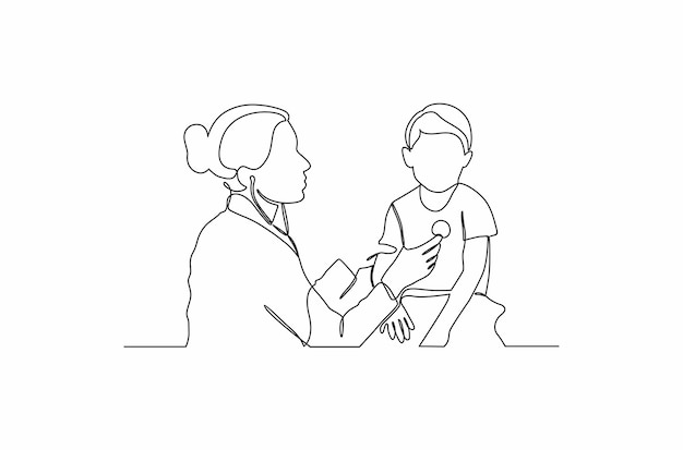 Continuous line drawing a kid are checking by doctor vector illustration Premium Vector