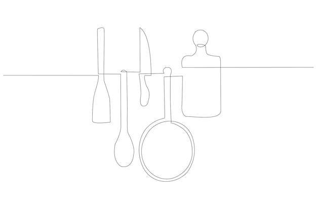 Vector continuous line drawing of kitchen set utensil vector illustration premium vector