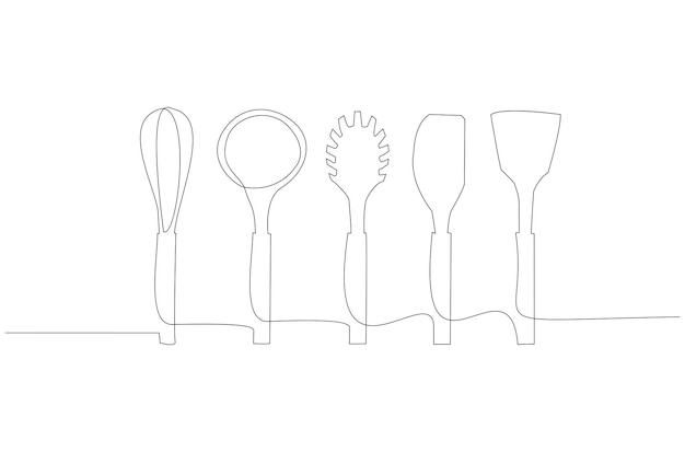 Vector continuous line drawing of kitchen set utensil vector illustration premium vector
