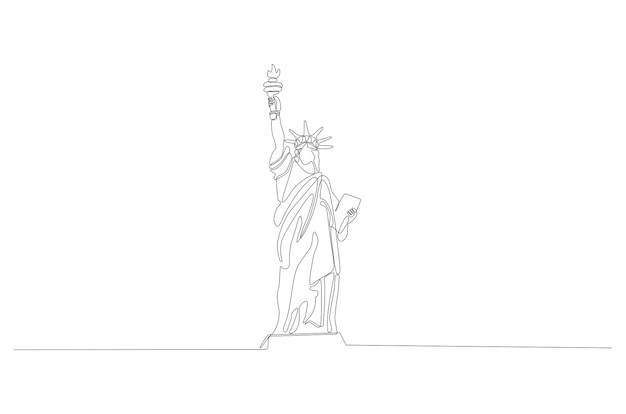 Disegno a tratteggio continuo di una statua della libertà dell'illustrazione di vettore dell'icona di new york city vettore premium