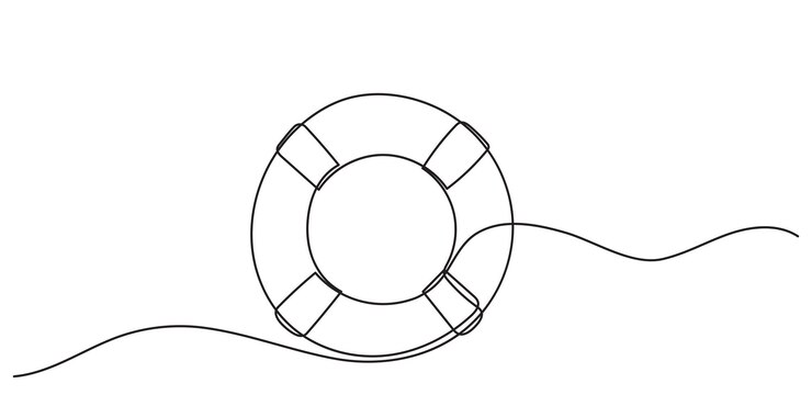 A continuous line drawing of lifebuoys rescue belts and an inflatable rubber ring with rope symbo