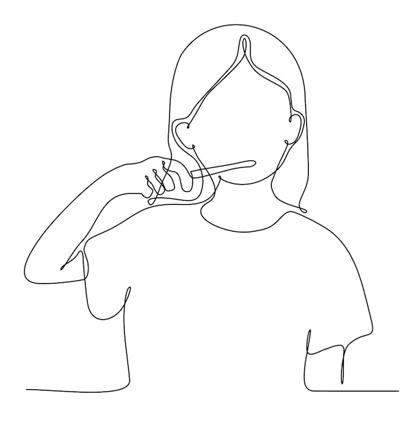continuous line drawing of little boy brushing teeth