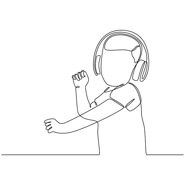 Disegno a tratteggio continuo del ragazzino che ascolta la musica con l'illustrazione vettoriale delle cuffie