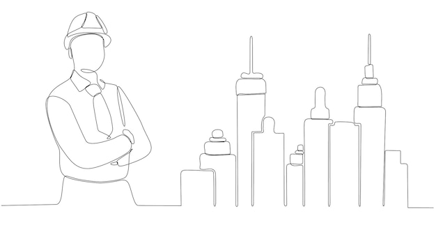 Vector continuous line drawing male architect designing city