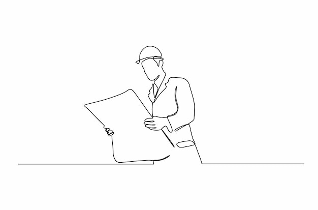 Vector continuous line drawing a male of architects building work concept vector illustration premium vecto