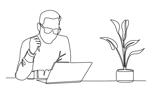 Vector continuous line drawing of male businessman entrepreneur professional working on laptop