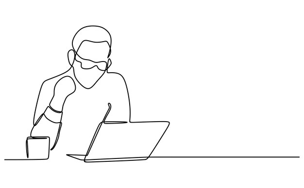 Continuous line drawing of male businessman entrepreneur professional working on laptop