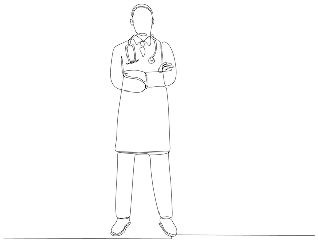 Continuous line drawing of male doctor with premium stethoscope vector