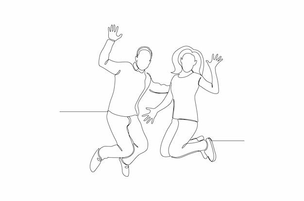 Continuous line drawing male and female couple jumping for joy the concept of joy vector Premium vec