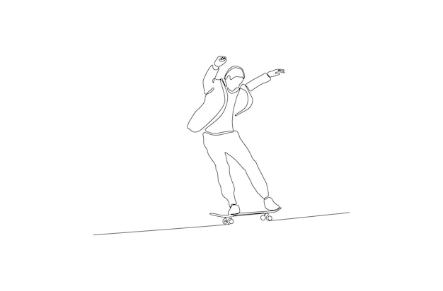 Il disegno a tratteggio continuo di un maschio gioca una certa abilità nell'illustrazione vettoriale dello skateboard vettore premium