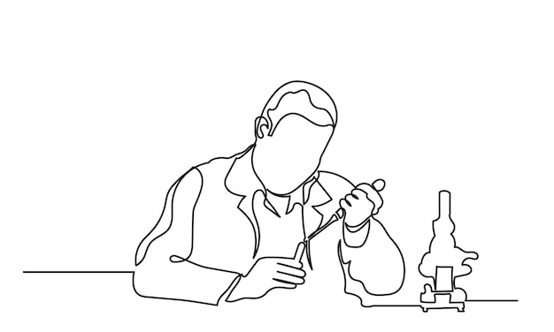 Continuous line drawing of male scientists with a test tube working in the laboratory