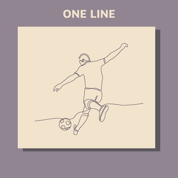 continuous line drawing of a male soccer player plays kicking a ball.