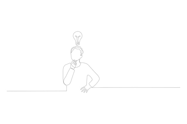 Непрерывный рисунок линии символа идеи мужской мыслительной лампочки Premium векторы