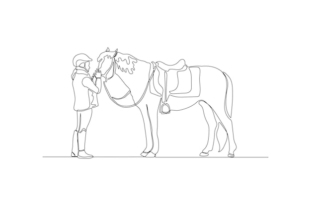 Vettore il disegno a tratteggio continuo di un uomo sta cavalcando equitazione lezioni di equitazione premium vec