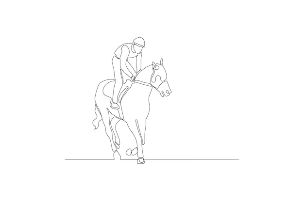 Vettore il disegno a tratteggio continuo di un uomo sta cavalcando equitazione lezioni di equitazione premium vec