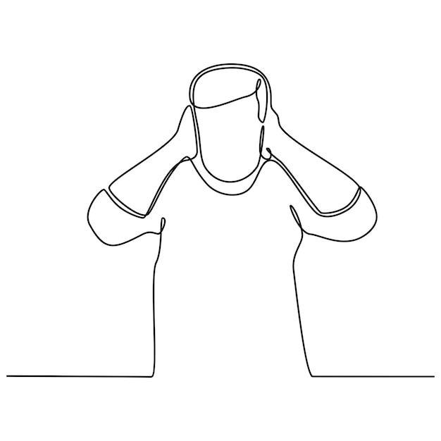 Continuous line drawing of a man covering his ears with his palms vector illustration