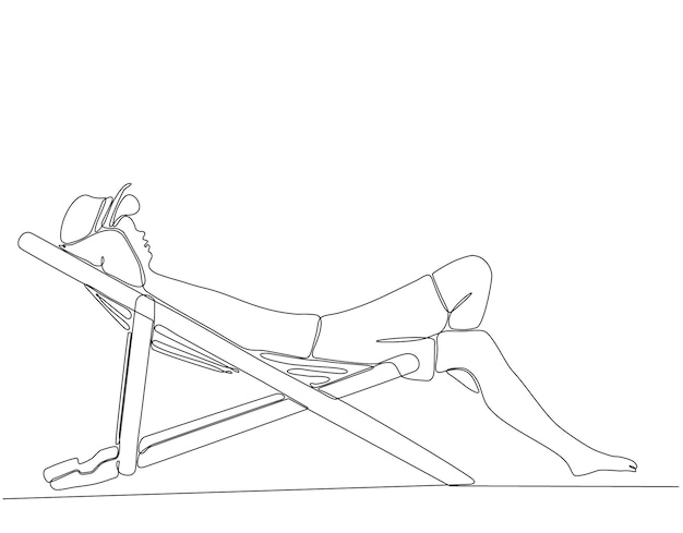 continuous line drawing of man drinking cocktail and sitting on deck chair by the beach