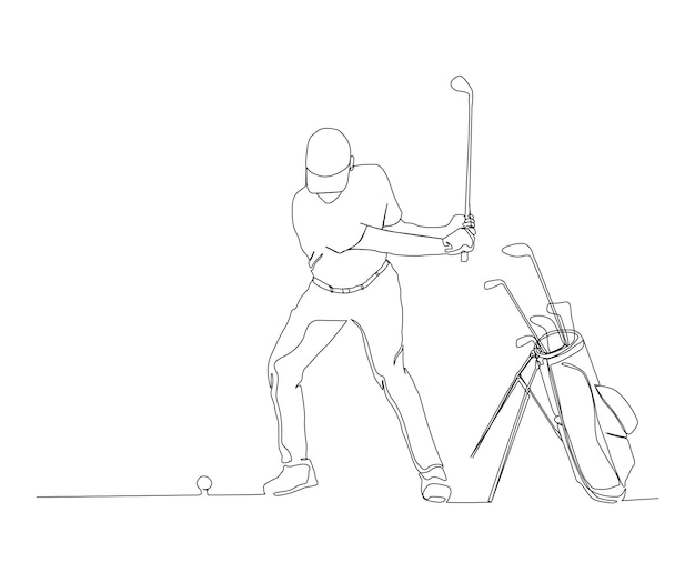 Vettore disegno a linea continua di un uomo che gioca a golf concetto artistico a una linea singola di golfista professionista che fa oscillare il bastone per colpire la palla tratto modificabile