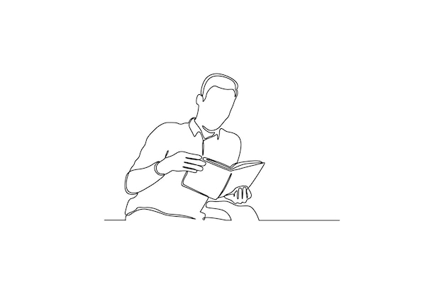 Disegno a tratteggio continuo di un uomo che legge l'illustrazione vettoriale del concetto di direzione della lettura del libro