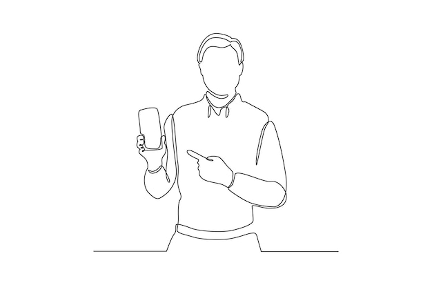 Disegno a tratteggio continuo di un uomo che mostra l'illustrazione di vettore del telefono cellulare vettore premium