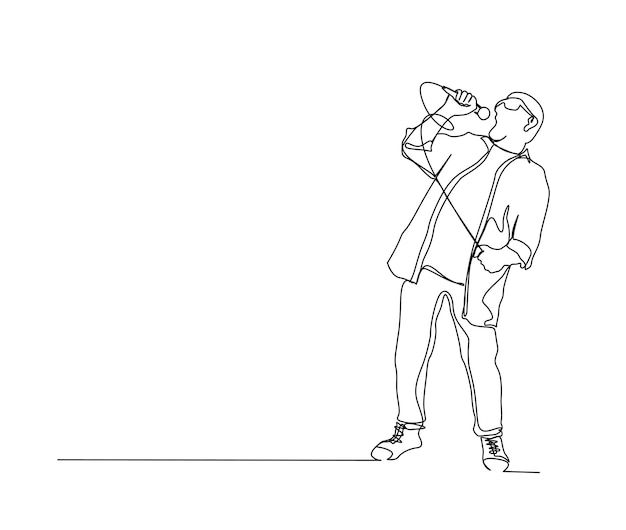 Continuous line drawing of man singing and holding microphone Vocalist simple line art with active stroke Vocalist and music concept