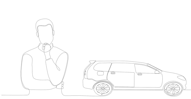 Continuous line drawing man thinking about buying a car