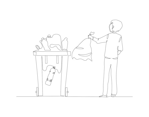 Continuous line drawing of man throwing plastic and bottle rubbish into the palstic dustbin One line of trash can Recycle bin continuous line art Editable outline