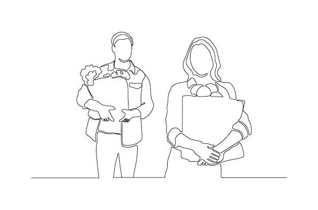 Continuous line drawing of a man and woman holding paper bag vector illustration Premium Vector