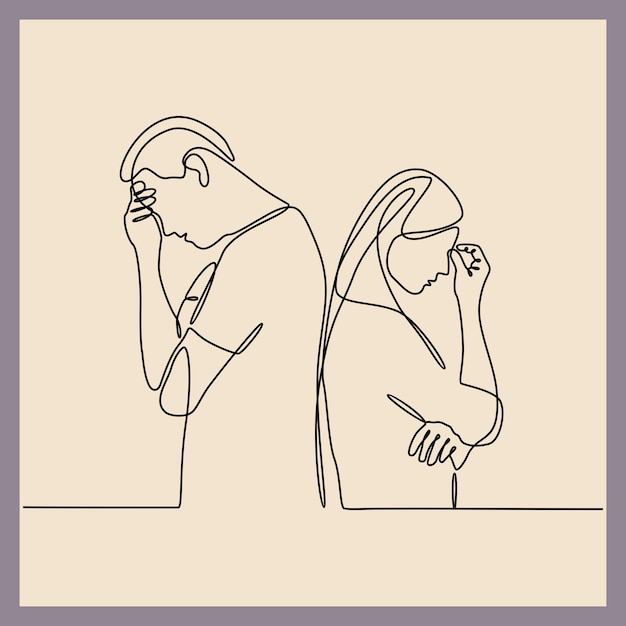 Continuous line drawing of man and woman suffering from depression in mental health