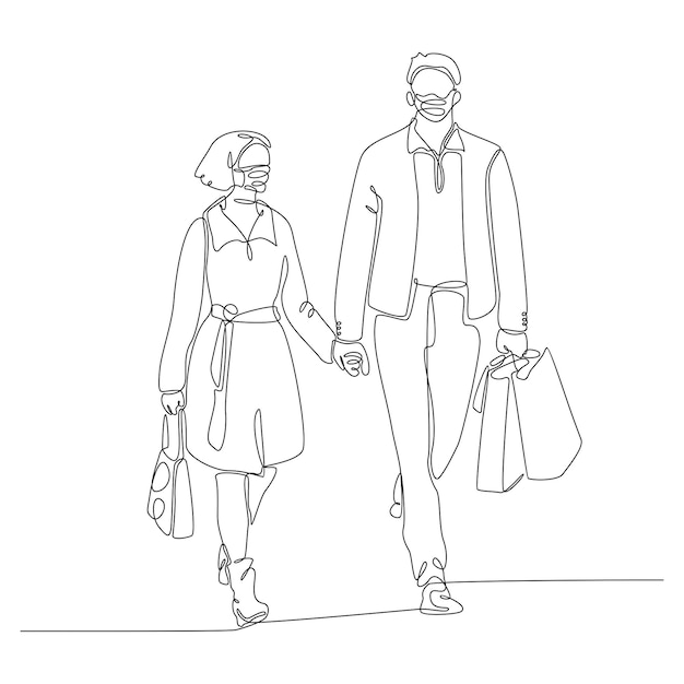 Continuous line drawing of man and woman wearing masks vector