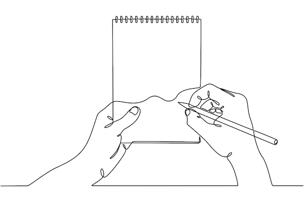 Continuous line drawing of a mans hand writing something on a notepad isolated