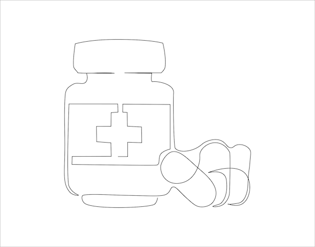 의약품 병의 연속 라인 드로잉 한 줄의 약물 항아리 의약품 세트 연속 라인 아트 편집 가능한 윤