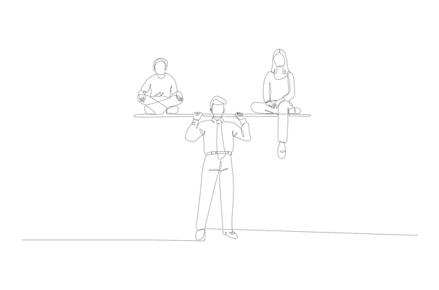 Vector continuous line drawing of men lifting weight with weight on the left and right premium vector