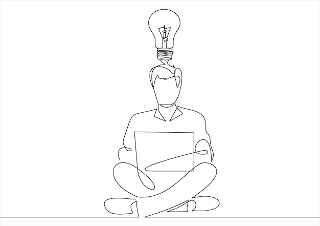 Continuous line drawing of men sitting with laptop computers talking about idea