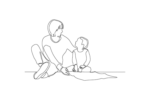 Continuous line drawing of a mom and her kid togetherness moment vector illustration premium vector