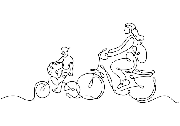 continuous line drawing of mother riding bicycle with her child at countryside