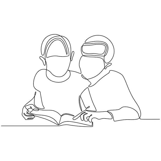 Continuous line drawing of a mother teaching her baby by reading a book