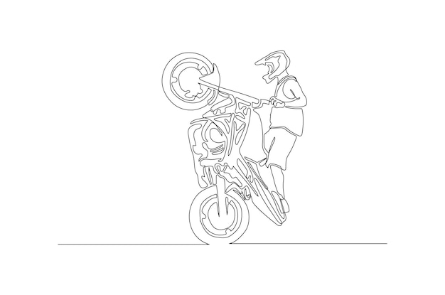 Disegno a tratteggio continuo di un pilota di moto freestyle che mostra il vettore dell'illustrazione di abilità vettore premium