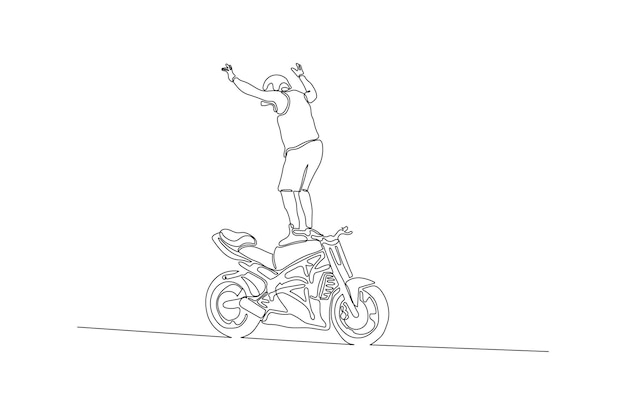 Disegno a tratteggio continuo di un pilota di moto freestyle che mostra il vettore dell'illustrazione di abilità vettore premium