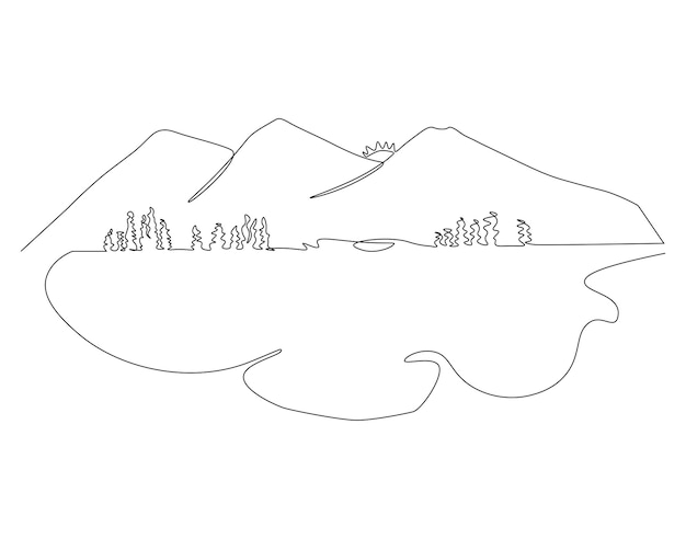 Vettore disegno a linea continua della catena montuosa monti e vette alte in linea semplice arte a linea continua di montagna contorno modificabile