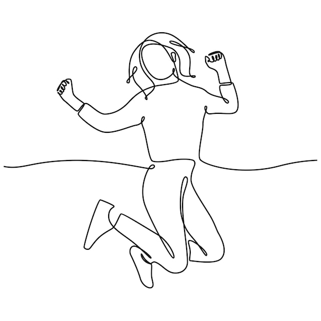 Непрерывный рисунок линии девушки прыгает от радости, изолированные на белом фоне векторные иллюстрации